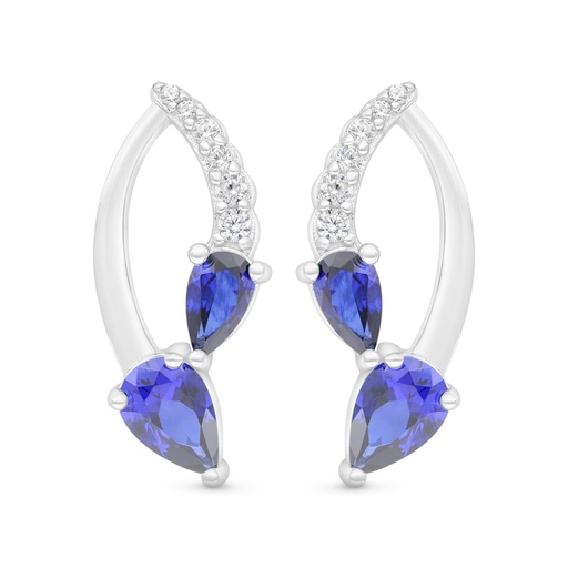 [EAR01SAP00WCZC471] Sterling Silver 925 Earring Rhodium Plated Embedded With Sapphire Corundum And White Zircon
