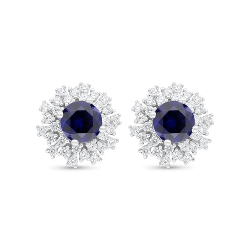 [EAR01SAP00WCZC475] Sterling Silver 925 Earring Rhodium Plated Embedded With Sapphire Corundum And White Zircon