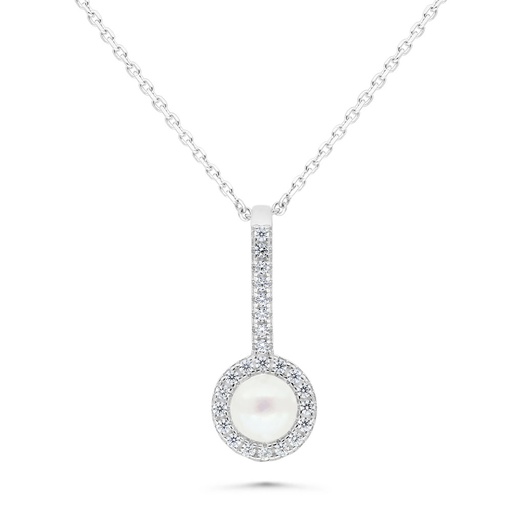 [NCL01PRL00WCZB471] Sterling Silver 925 Necklace Rhodium Plated Embedded With White Shell Pearl And White Zircon