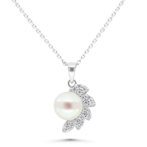 [NCL01PRL00WCZB472] Sterling Silver 925 Necklace Rhodium Plated Embedded With White Shell Pearl And White Zircon