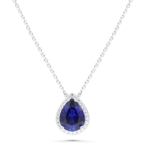[NCL01SAP00WCZB477] Sterling Silver 925 Necklace Rhodium Plated Embedded With Sapphire Corundum And White Zircon