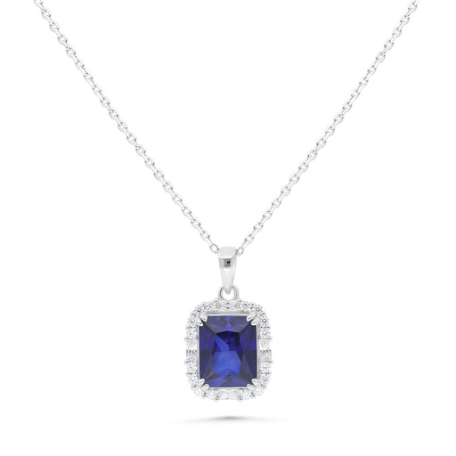 [NCL01SAP00WCZB478] Sterling Silver 925 Necklace Rhodium Plated Embedded With Sapphire Corundum And White Zircon