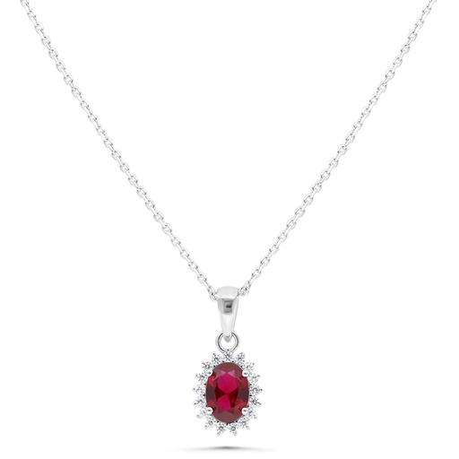 [NCL01RUB00WCZB481] Sterling Silver 925 Necklace Rhodium Plated Embedded With Ruby Corundum And White Zircon