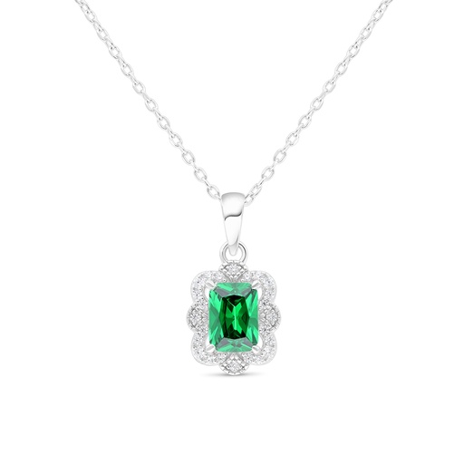 [NCL01EMR00WCZB487] Sterling Silver 925 Necklace Rhodium Plated Embedded With Emerald Zircon And White Zircon