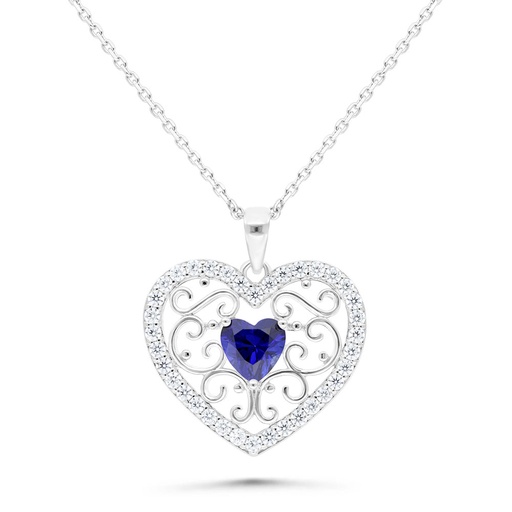 [NCL01SAP00WCZB496] Sterling Silver 925 Necklace Rhodium Plated Embedded With Sapphire Corundum And White Zircon