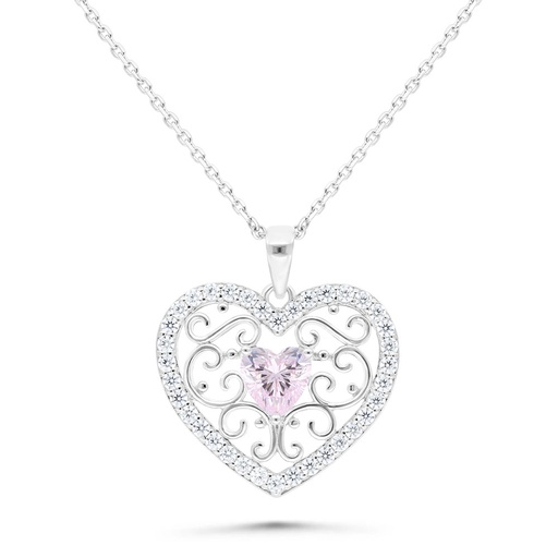 [NCL01PIK00WCZB496] Sterling Silver 925 Necklace Rhodium Plated Embedded With pink Zircon And White Zircon