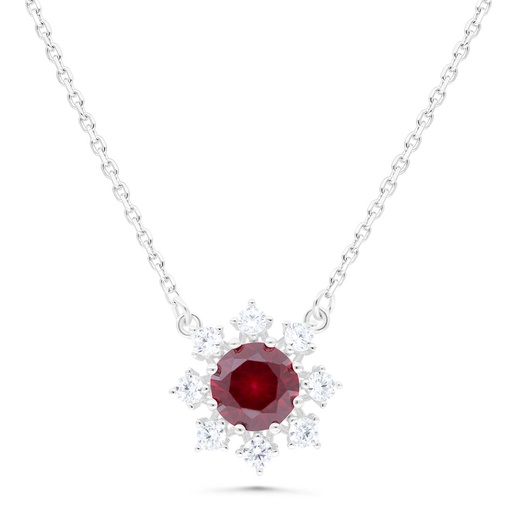 [NCL01RUB00WCZB497] Sterling Silver 925 Necklace Rhodium Plated Embedded With Ruby Corundum And White Zircon