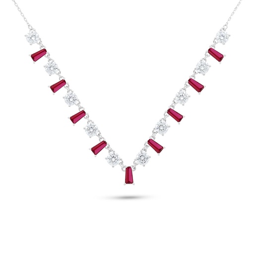 [NCL01RUB00WCZB498] Sterling Silver 925 Necklace Rhodium Plated Embedded With Ruby Corundum And White Zircon