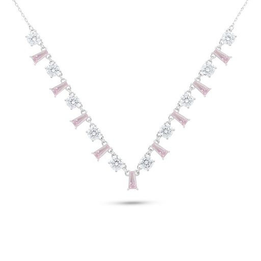 [NCL01PIK00WCZB498] Sterling Silver 925 Necklace Rhodium Plated Embedded With pink Zircon And White Zircon