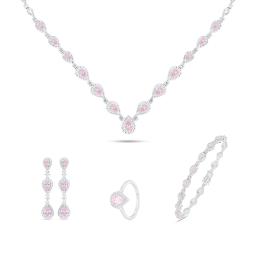 Sterling Silver 925 SET Rhodium Plated Embedded With pink  Zircon And White Zircon