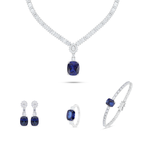 Sterling Silver 925 SET Rhodium Plated Embedded With Sapphire CorundumAnd White Zircon