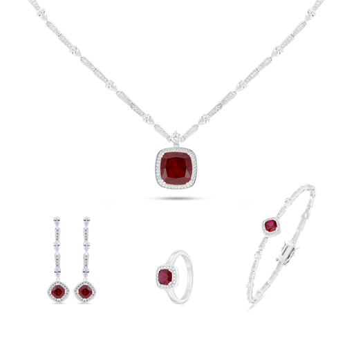 Sterling Silver 925 SET Rhodium Plated Embedded With Ruby Corundum And White Zircon