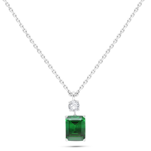 [NCL01EMR00WCZB526] Sterling Silver 925 Necklace Rhodium Plated Embedded With Emerald Zircon And White Zircon