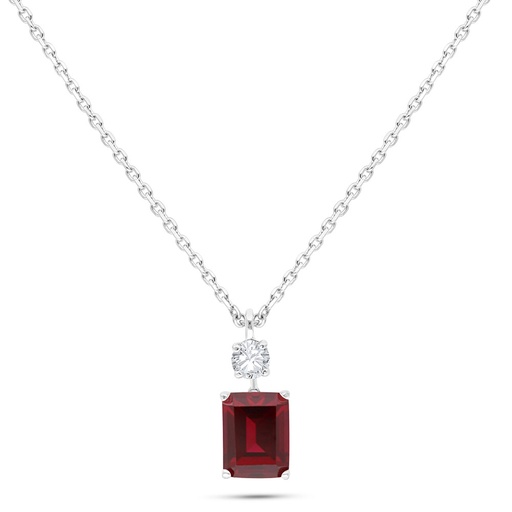 [NCL01RUB00WCZB526] Sterling Silver 925 Necklace Rhodium Plated Embedded With Ruby Corundum And White Zircon