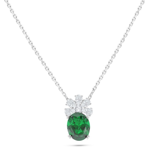 [NCL01EMR00WCZB536] Sterling Silver 925 Necklace Rhodium Plated Embedded With Emerald Zircon And White Zircon