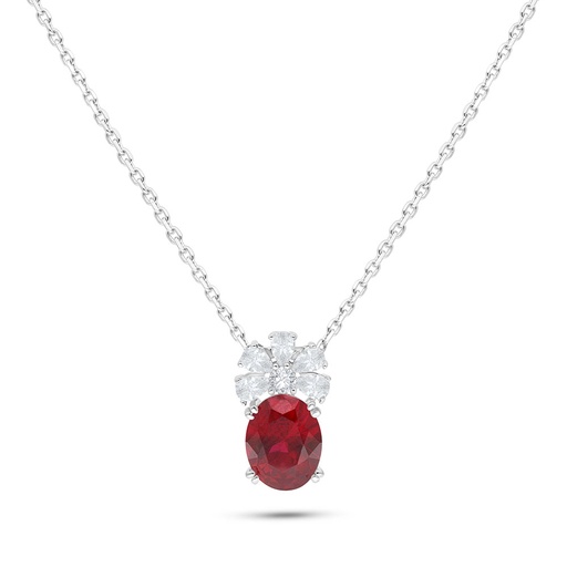 [NCL01RUB00WCZB536] Sterling Silver 925 Necklace Rhodium Plated Embedded With Ruby Corundum And White Zircon