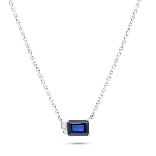 [NCL01SAP00WCZB539] Sterling Silver 925 Necklace Rhodium Plated Embedded With Sapphire Corundum And White Zircon