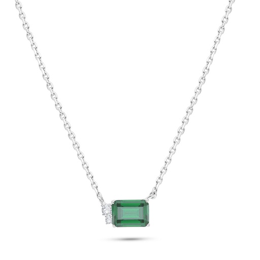 [NCL01EMR00WCZB539] Sterling Silver 925 Necklace Rhodium Plated Embedded With Emerald Zircon And White Zircon