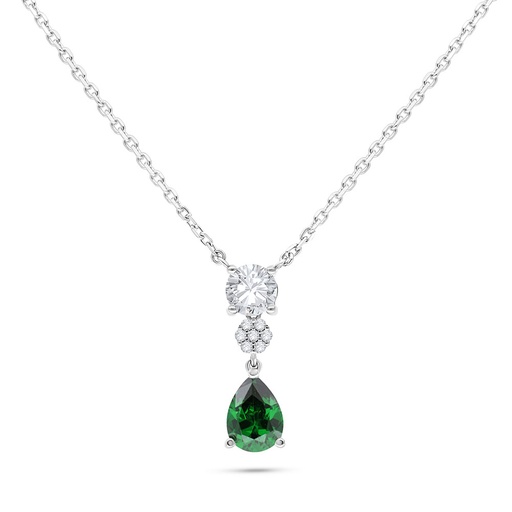 [NCL01EMR00WCZB546] Sterling Silver 925 Necklace Rhodium Plated Embedded With Emerald Zircon And White Zircon