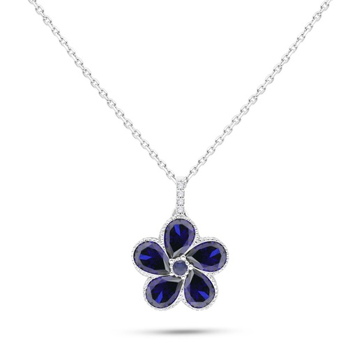 [NCL01SAP00WCZB561] Sterling Silver 925 Necklace Rhodium Plated Embedded With Sapphire Corundum And White Zircon