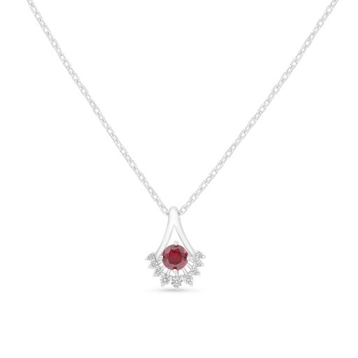 [NCL01RUB00WCZB565] Sterling Silver 925 Necklace Rhodium Plated Embedded With Ruby Corundum And White Zircon