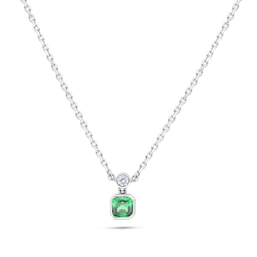 [NCL01EMR00WCZB566] Sterling Silver 925 Necklace Rhodium Plated Embedded With Emerald Zircon And White Zircon