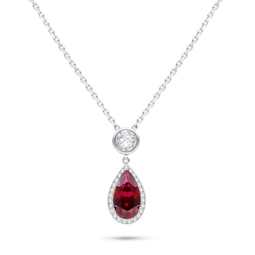 [NCL01RUB00WCZB578] Sterling Silver 925 Necklace Rhodium Plated Embedded With Ruby Corundum And White Zircon