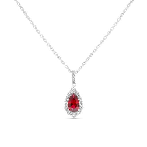 [NCL01RUB00WCZB580] Sterling Silver 925 Necklace Rhodium Plated Embedded With Ruby Corundum And White Zircon