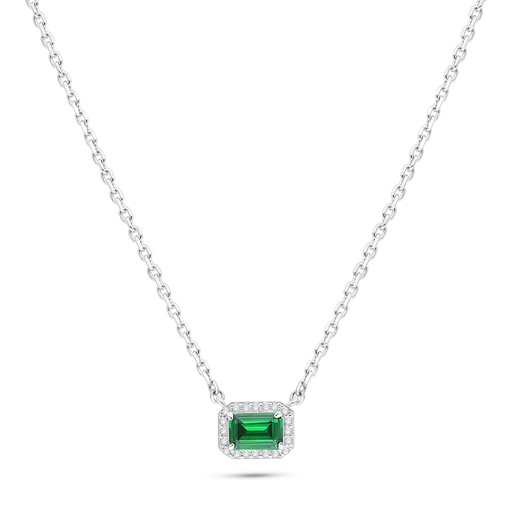 [NCL01EMR00WCZB583] Sterling Silver 925 Necklace Rhodium Plated Embedded With Emerald Zircon And White Zircon