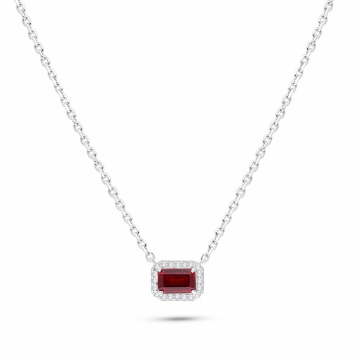 [NCL01RUB00WCZB583] Sterling Silver 925 Necklace Rhodium Plated Embedded With Ruby Corundum And White Zircon