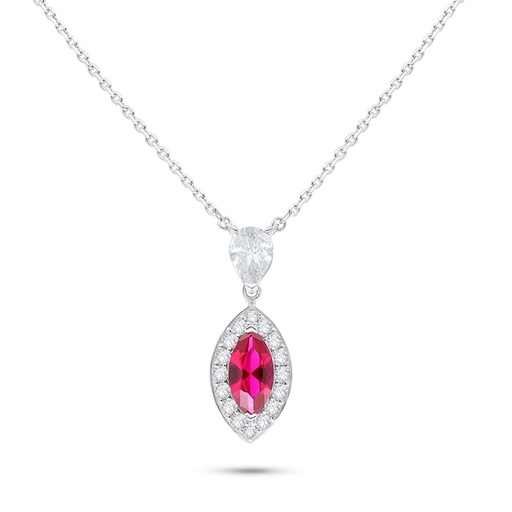 [NCL01RUB00WCZB586] Sterling Silver 925 Necklace Rhodium Plated Embedded With Ruby Corundum And White Zircon