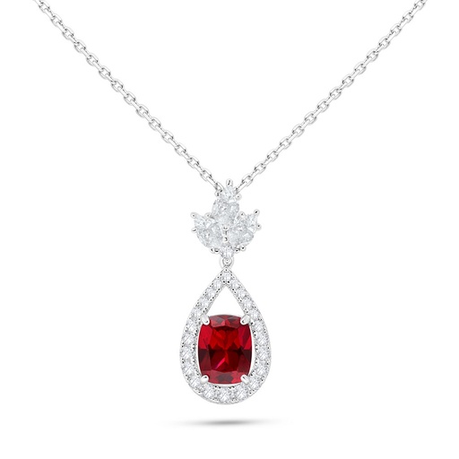 [NCL01RUB00WCZB599] Sterling Silver 925 Necklace Rhodium Plated Embedded With Ruby Corundum And White Zircon