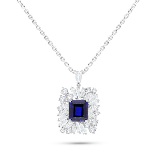 [NCL01SAP00WCZB601] Sterling Silver 925 Necklace Rhodium Plated Embedded With Sapphire Corundum And White Zircon