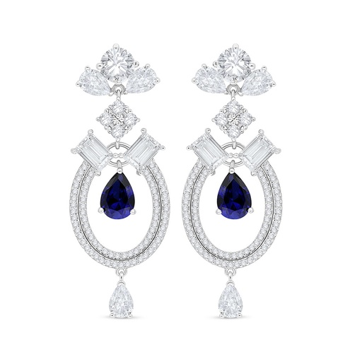 [EAR01SAP00WCZC476] Sterling Silver 925 Earring Rhodium Plated Embedded With Sapphire Corundum And White Zircon