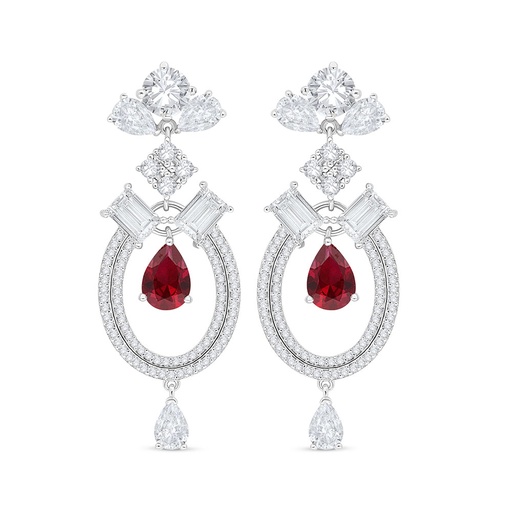 [EAR01RUB00WCZC476] Sterling Silver 925 Earring Rhodium Plated Embedded With Ruby Corundum And White Zircon