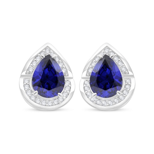 [EAR01SAP00WCZC478] Sterling Silver 925 Earring Rhodium Plated Embedded With Sapphire Corundum And White Zircon