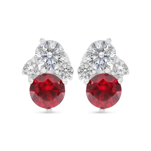 [EAR01RUB00WCZC481] Sterling Silver 925 Earring Rhodium Plated Embedded With Ruby Corundum And White Zircon