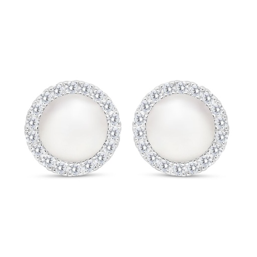 [EAR01PRL00WCZC486] Sterling Silver 925 Earring Rhodium Plated Embedded With White Shell Pearl And White CZ