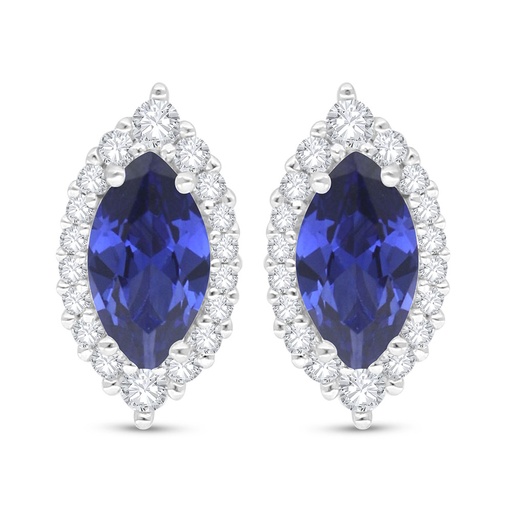 [EAR01SAP00WCZC515] Sterling Silver 925 Earring Rhodium Plated Embedded With Sapphire Corundum And White Zircon