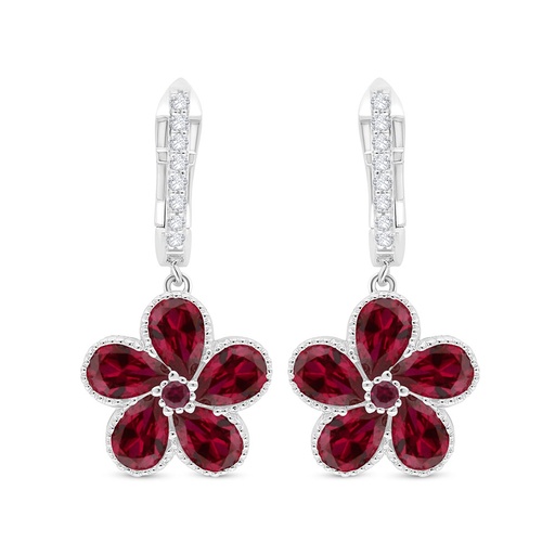 [EAR01RUB00WCZC516] Sterling Silver 925 Earring Rhodium Plated Embedded With Ruby Corundum And White Zircon