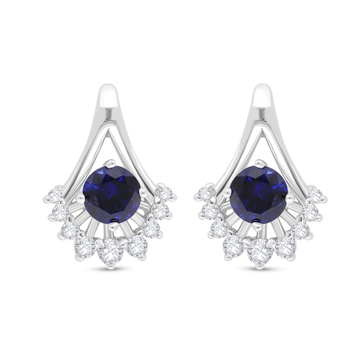 [EAR01SAP00WCZC520] Sterling Silver 925 Earring Rhodium Plated Embedded With Sapphire Corundum And White Zircon