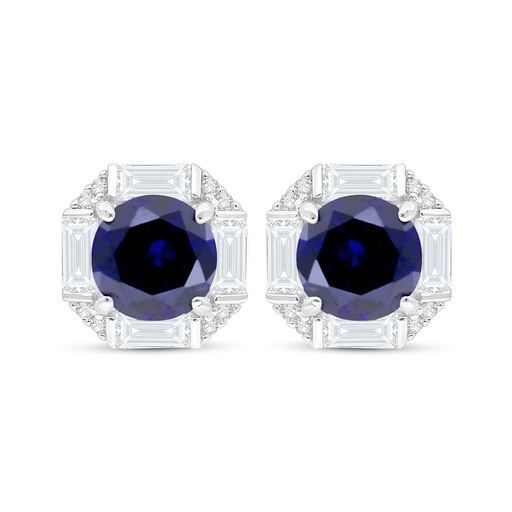 [EAR01SAP00WCZC521] Sterling Silver 925 Earring Rhodium Plated Embedded With Sapphire Corundum And White Zircon