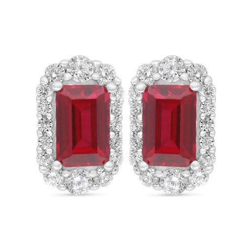 [EAR01RUB00WCZC524] Sterling Silver 925 Earring Rhodium Plated Embedded With Ruby Corundum And White Zircon