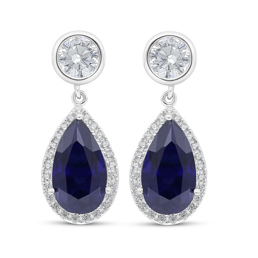 [EAR01SAP00WCZC525] Sterling Silver 925 Earring Rhodium Plated Embedded With Sapphire Corundum And White Zircon