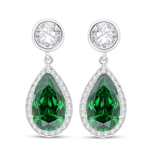 [EAR01EMR00WCZC525] Sterling Silver 925 Earring Rhodium Plated Embedded With Emerald Zircon And White Zircon