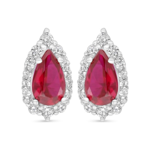 [EAR01RUB00WCZC527] Sterling Silver 925 Earring Rhodium Plated Embedded With Ruby Corundum And White Zircon