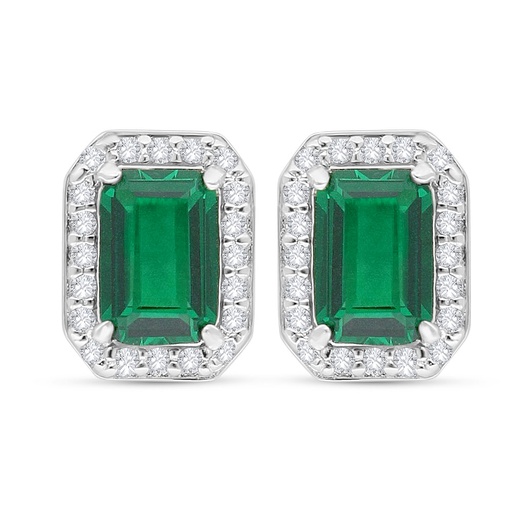 [EAR01EMR00WCZC533] Sterling Silver 925 Earring Rhodium Plated Embedded With Emerald Zircon And White Zircon