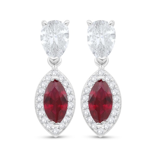 [EAR01RUB00WCZC535] Sterling Silver 925 Earring Rhodium Plated Embedded With Ruby Corundum And White Zircon