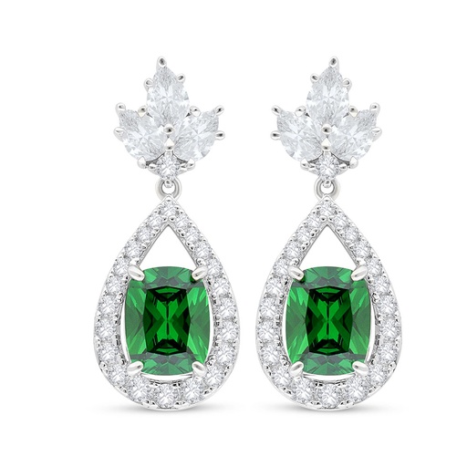 [EAR01EMR00WCZC537] Sterling Silver 925 Earring Rhodium Plated Embedded With Emerald Zircon And White Zircon