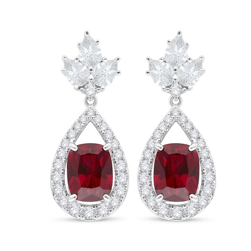 [EAR01RUB00WCZC537] Sterling Silver 925 Earring Rhodium Plated Embedded With Ruby Corundum And White Zircon